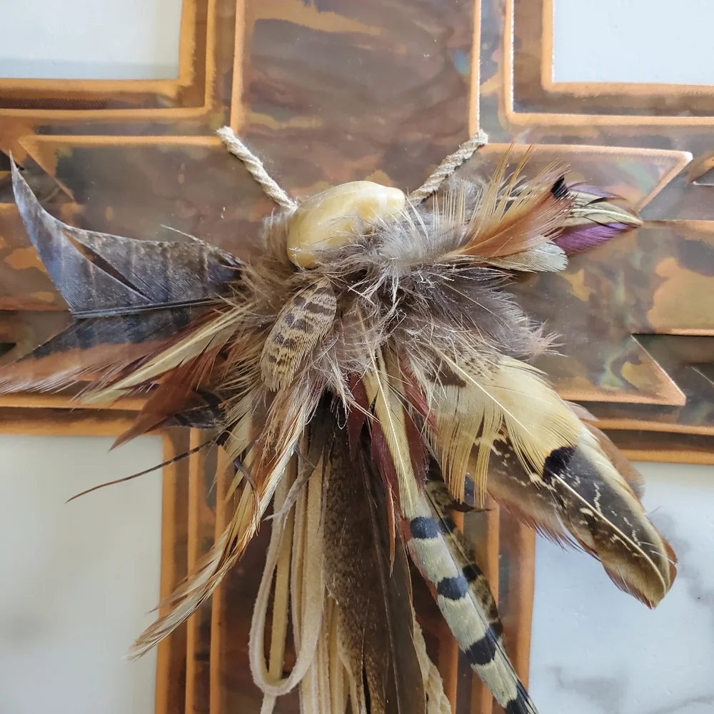 Metal Cross with Feathers Wall Hanging